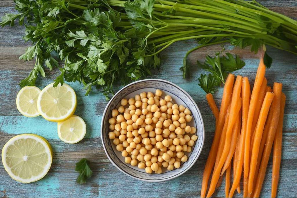 Fresh ingredients for carrot and chickpea salad, including chickpeas, carrots, parsley, and lemon slices.