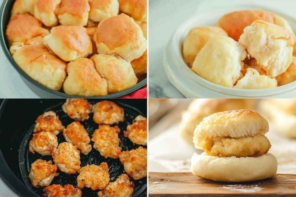 A collage showing golden-brown mini chicken buns, crispy chicken bites, and a mini sandwich featuring a chicken bite inside a soft bun.