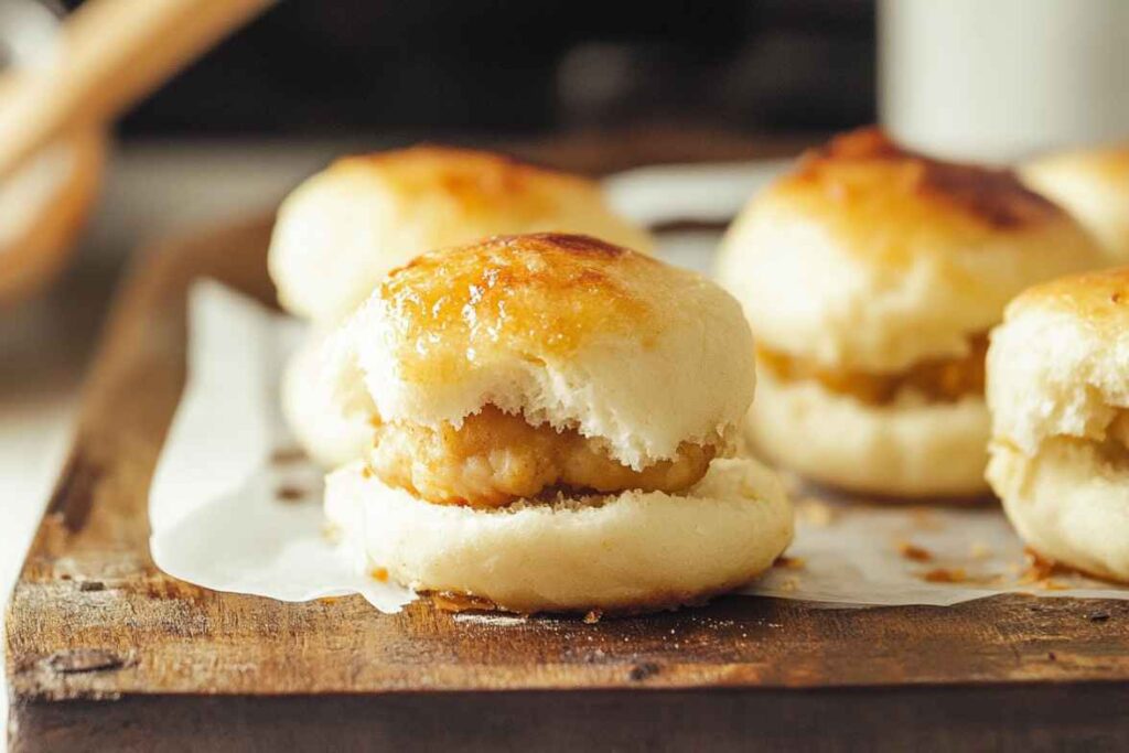 Close-up of golden mini chicken sandwiches with crispy chicken tucked inside soft buns on a wooden board.