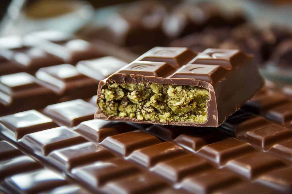 Luxury Dubai chocolate bar with a pistachio filling, displayed on a background of rich chocolate squares.