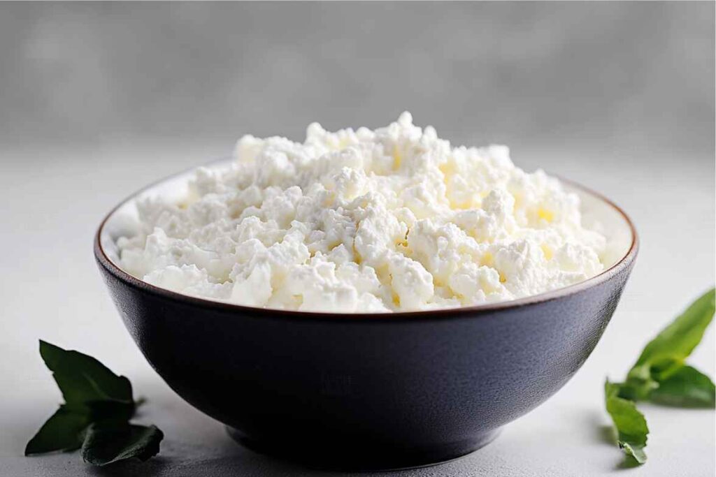 A black bowl filled with creamy cottage cheese, surrounded by fresh green herbs.