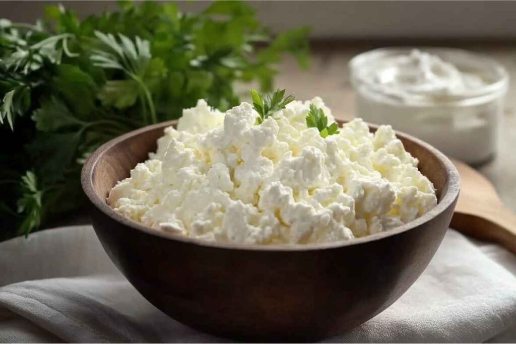 A bowl of fresh cottage cheese garnished with parsley.