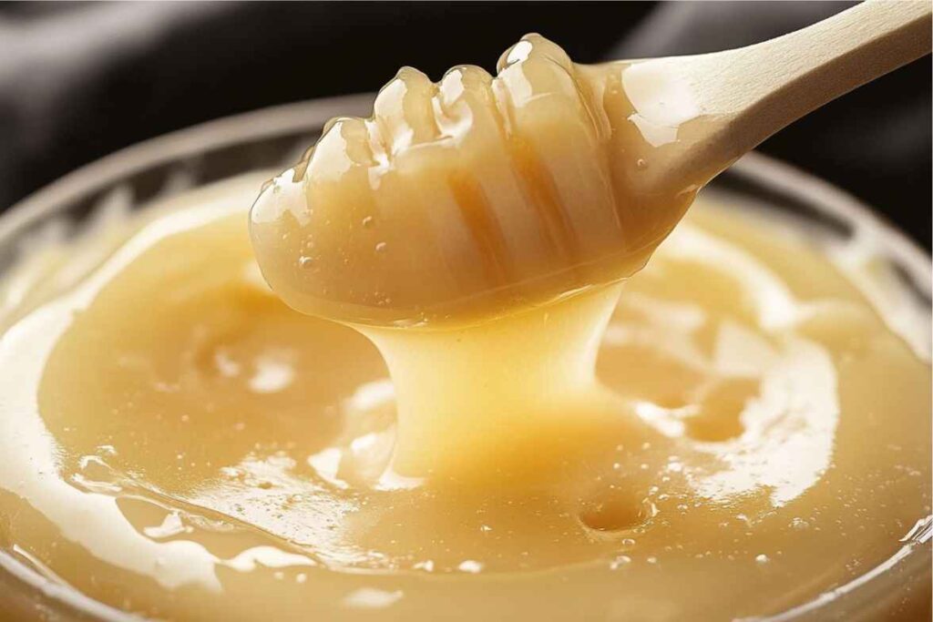 Close-up of smooth, golden honey being scooped with a wooden spoon.