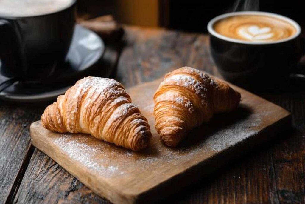 Two golden croissants, dusted with powdered sugar, sit on a wooden board alongside cups of coffee, embodying the charm of famous French breakfast pastries.