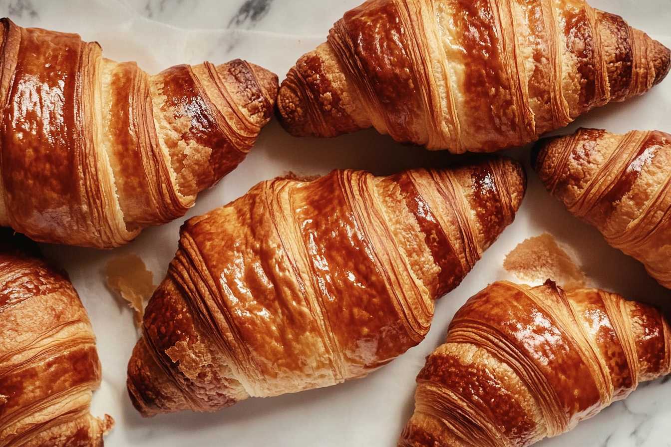 Golden-brown freshly baked croissants, one of the most common pastries, on a marble surface.