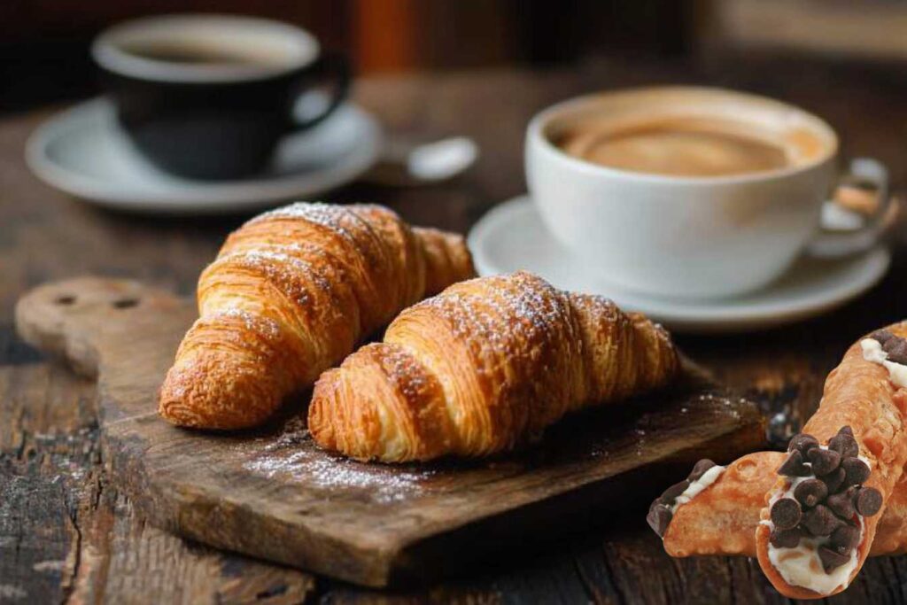 Two flaky croissants dusted with powdered sugar on a wooden board, accompanied by a cup of coffee and a chocolate cannoli in the foreground.