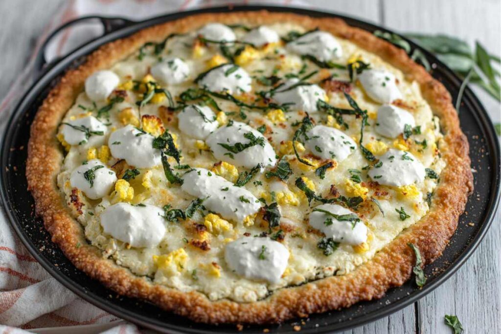 Cauliflower crust pizza topped with melted cheese, dollops of cream, and fresh herbs on a black baking tray.