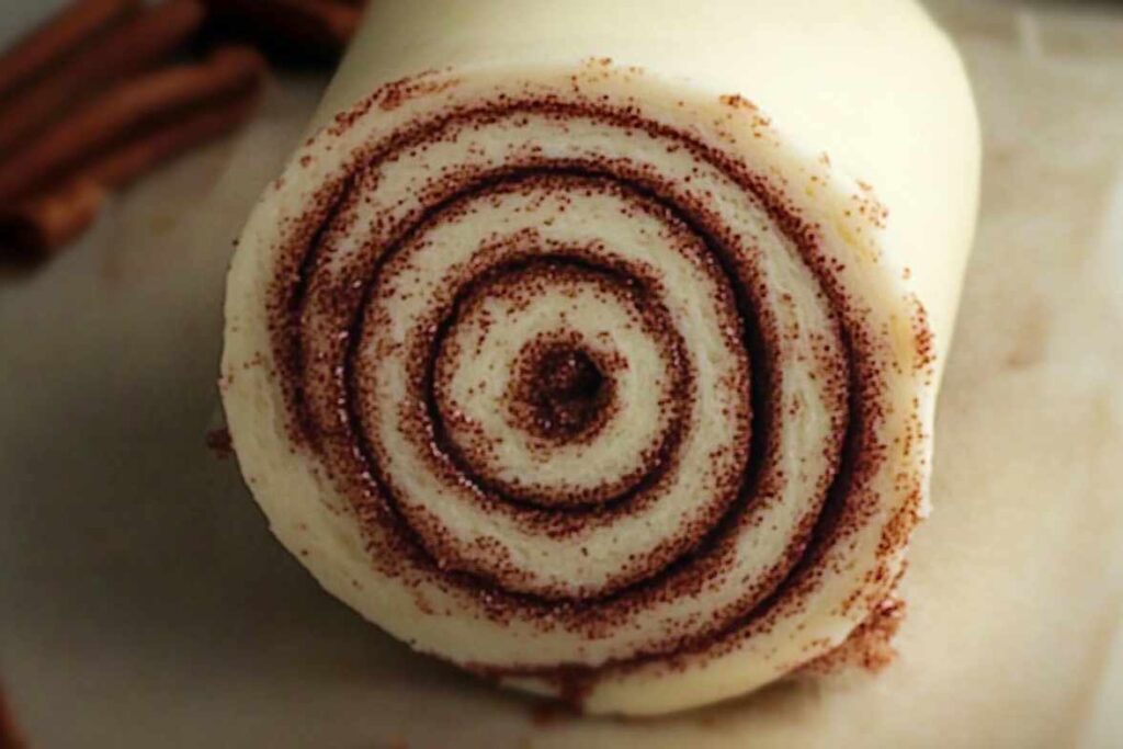 Close-up of a cinnamon roll dough spiral with Makara cinnamon.