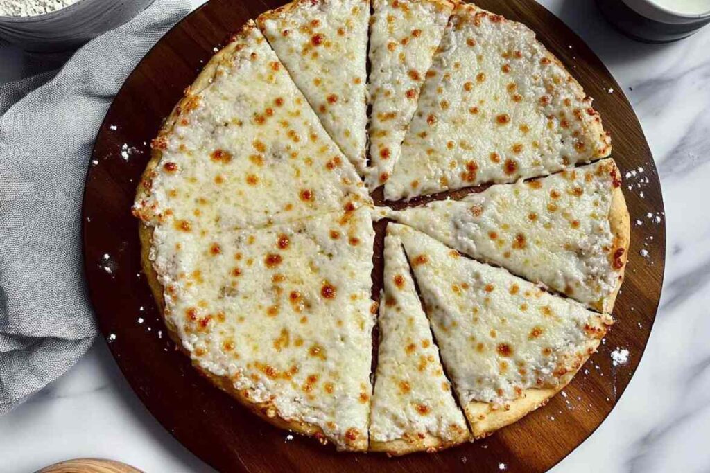 A close-up view of a golden-brown cottage cheese pizza crust topped with melted cheese, sliced into triangular pieces and served on a wooden board.