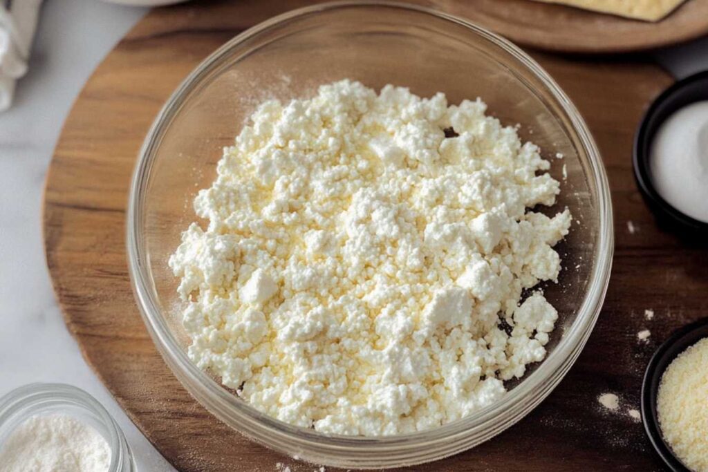 A bowl of fresh cottage cheese on a wooden surface.