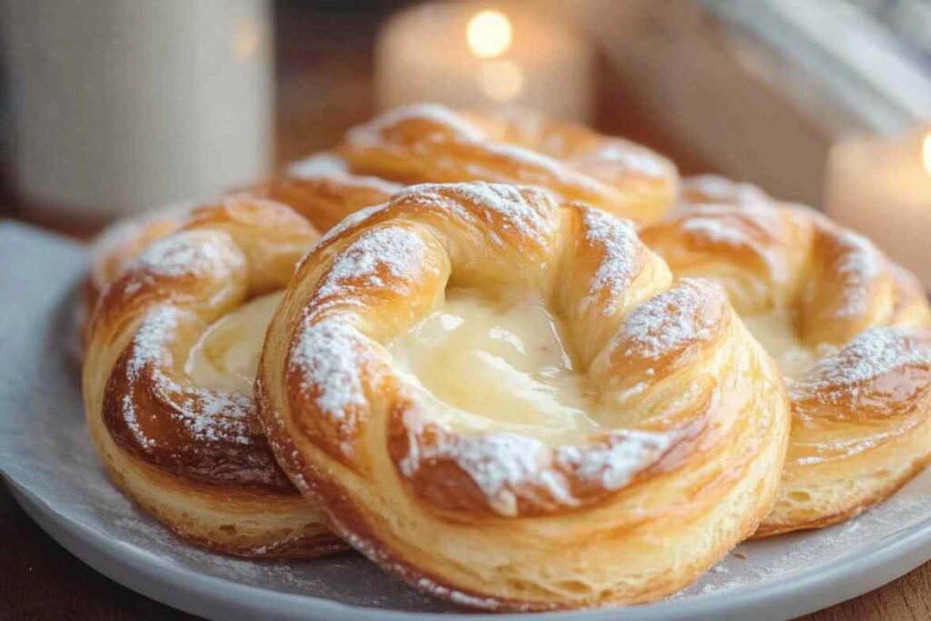 What Are Some Common Pastries? A plate of golden Danish pastries with a creamy custard filling, dusted with powdered sugar, served on a marble platter with candlelight in the background
