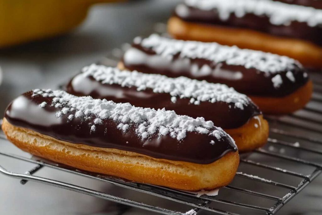 Chocolate-glazed éclairs dusted with powdered sugar on a cooling rack