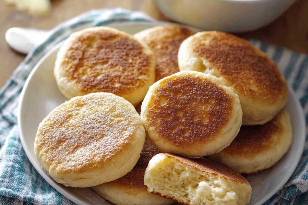 A plate of golden-brown English muffins with a soft, fluffy interior