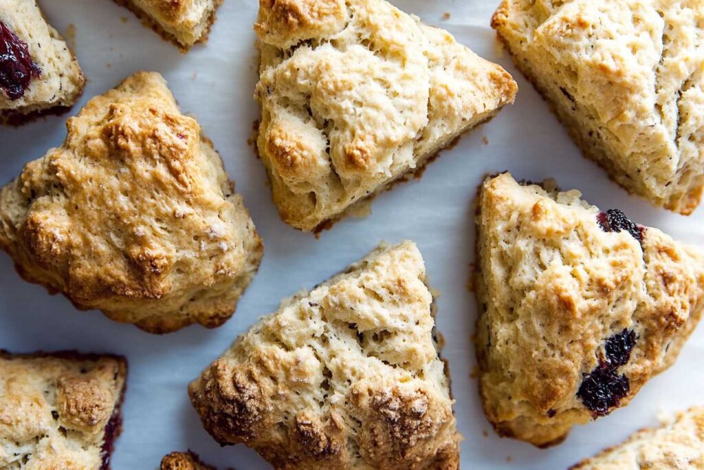 Freshly baked golden-brown English scones on a white background