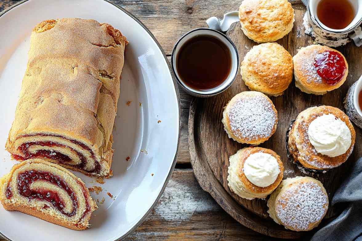 A traditional English breakfast spread featuring scones with clotted cream and jam, muffins, and a Jam Roly-Poly, served with cups of tea.