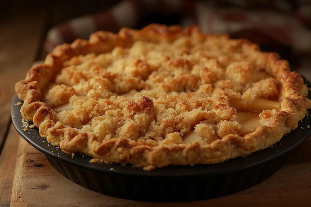 A French Apple Pie topped with a golden, crumbly streusel in a black pie dish, resting on a wooden surface.