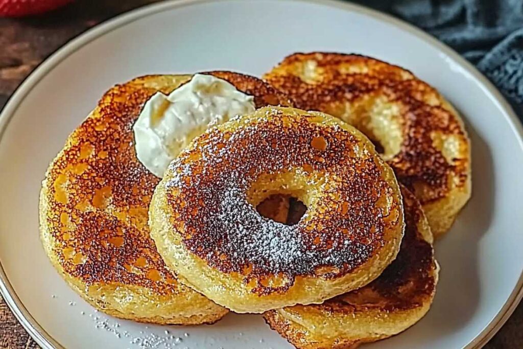 Four French Toast Bagels on a white plate, dusted with powdered sugar and topped with whipped butter