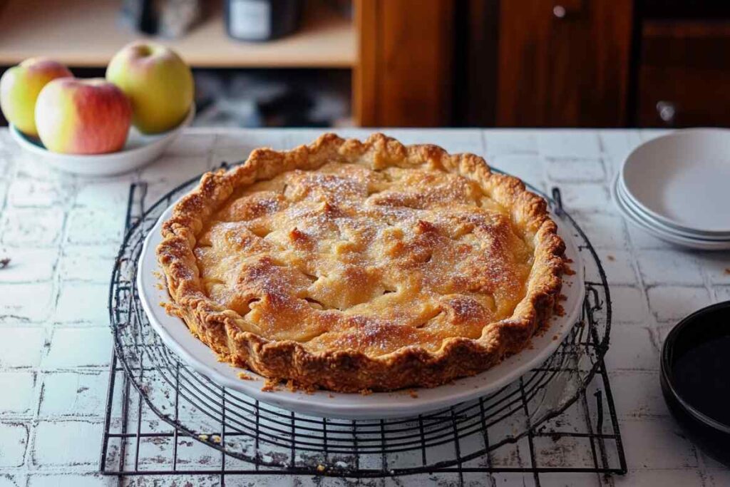 A golden French apple pie on a cooling rack, set on a rustic kitchen counter with fresh apples and plates in the background.