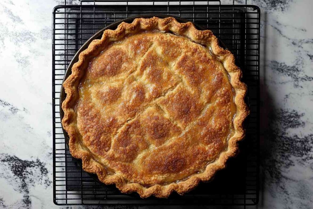 A freshly baked French apple pie with a golden, flaky crust on a cooling rack.