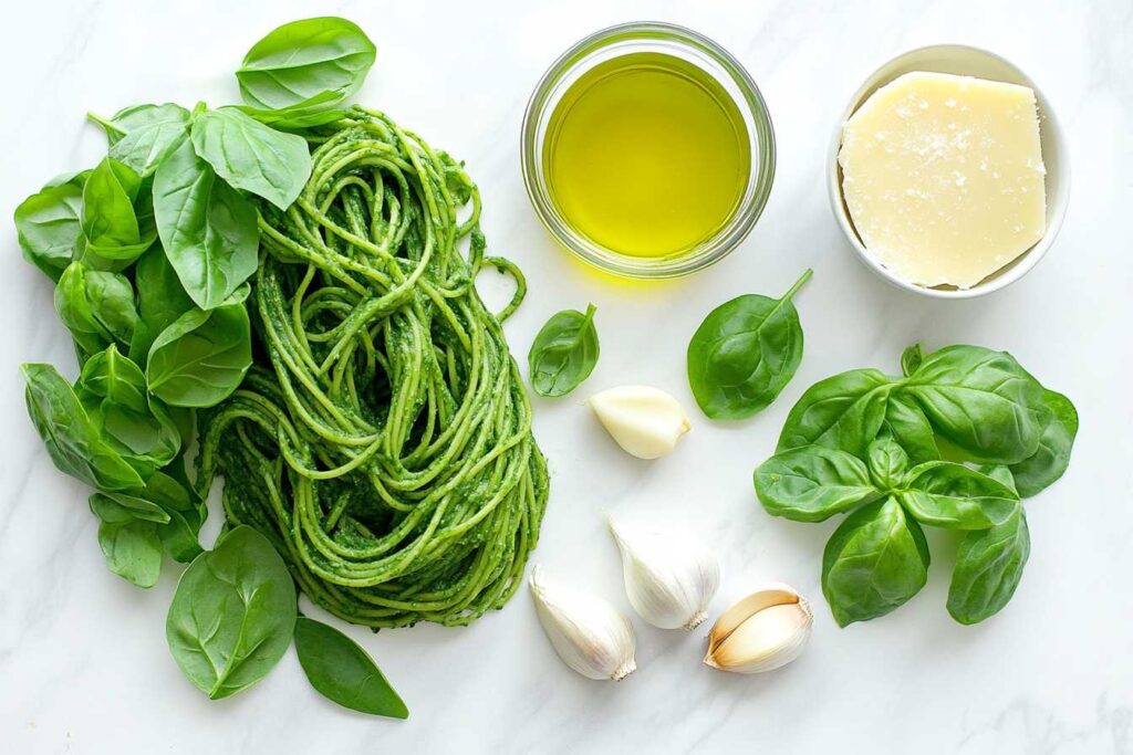 Alt text: Green spaghetti served with fresh basil leaves, garlic cloves, olive oil, and a wedge of Parmesan cheese on a white surface.