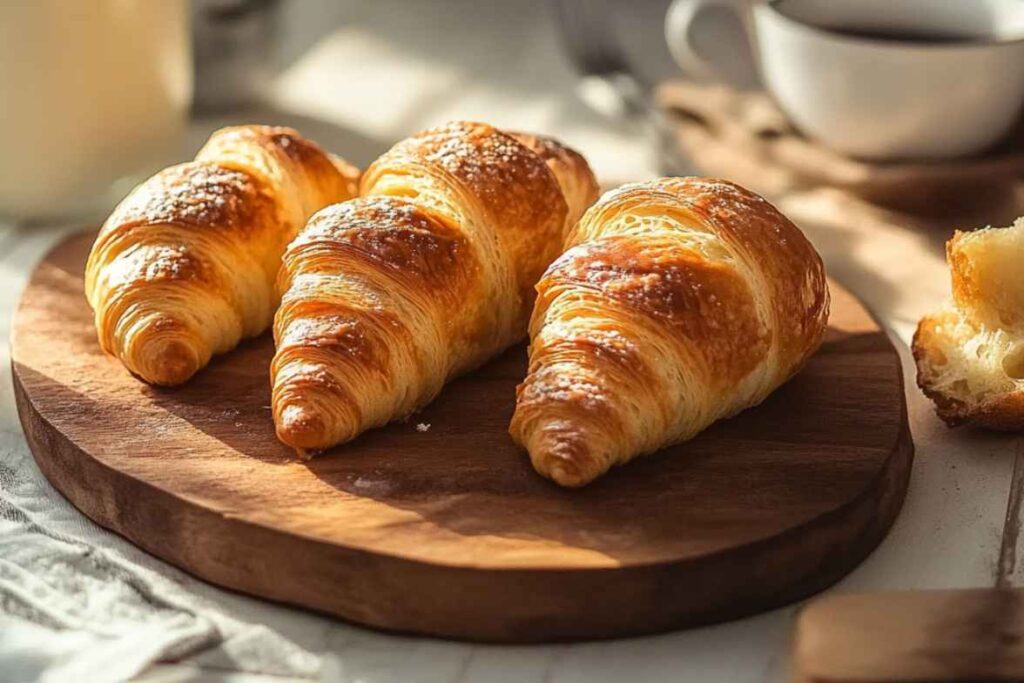 Freshly baked golden Gipfeli on a wooden platter.