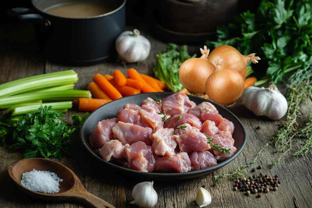 A rustic display of fresh ingredients for Grandma's Chicken Soup, including raw chicken, carrots, celery, onions, garlic, parsley, thyme, and seasonings.