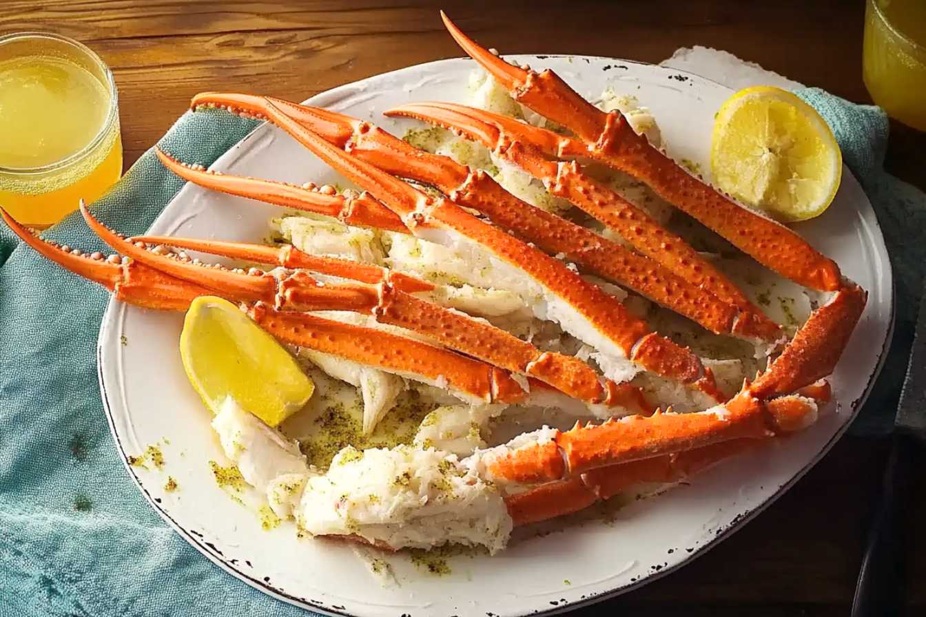 Cooked snow crab legs served on a white plate with lemon wedges and a side of melted butter.