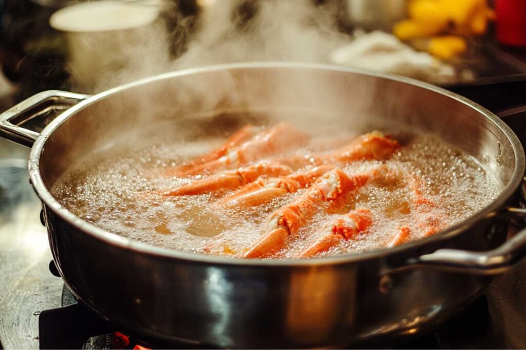 A pot of boiling water with snow crab legs cooking inside, creating steam and bubbles.