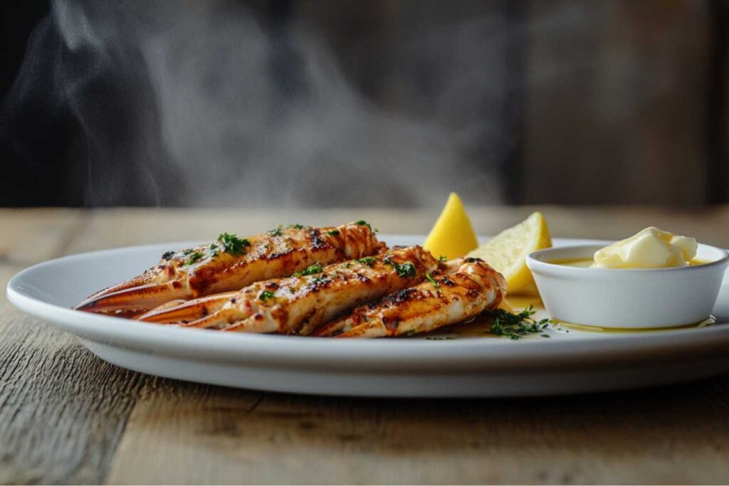 Grilled snow crab legs served on a white plate with lemon wedges and a side of melted butter sauce.