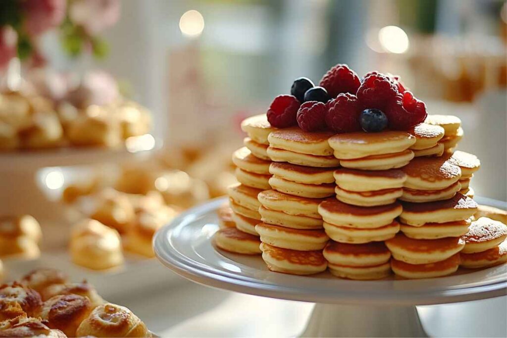 A stack of mini pancakes topped with fresh raspberries and blueberries, displayed elegantly on a white serving stand.