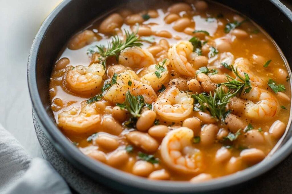 Close-up of lemony shrimp and bean stew in a black bowl, garnished with fresh rosemary and parsley.