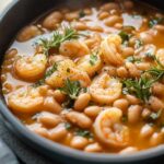 Close-up of lemony shrimp and bean stew in a black bowl, garnished with fresh rosemary and parsley.