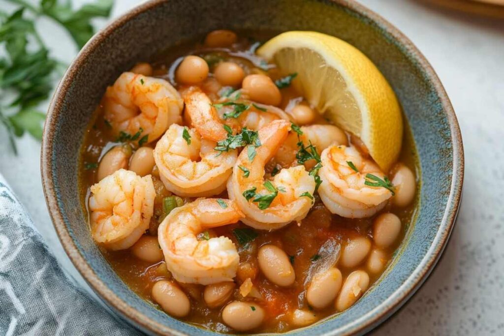 Close-up of lemony shrimp and bean stew in a black bowl, garnished with fresh rosemary and parsley.