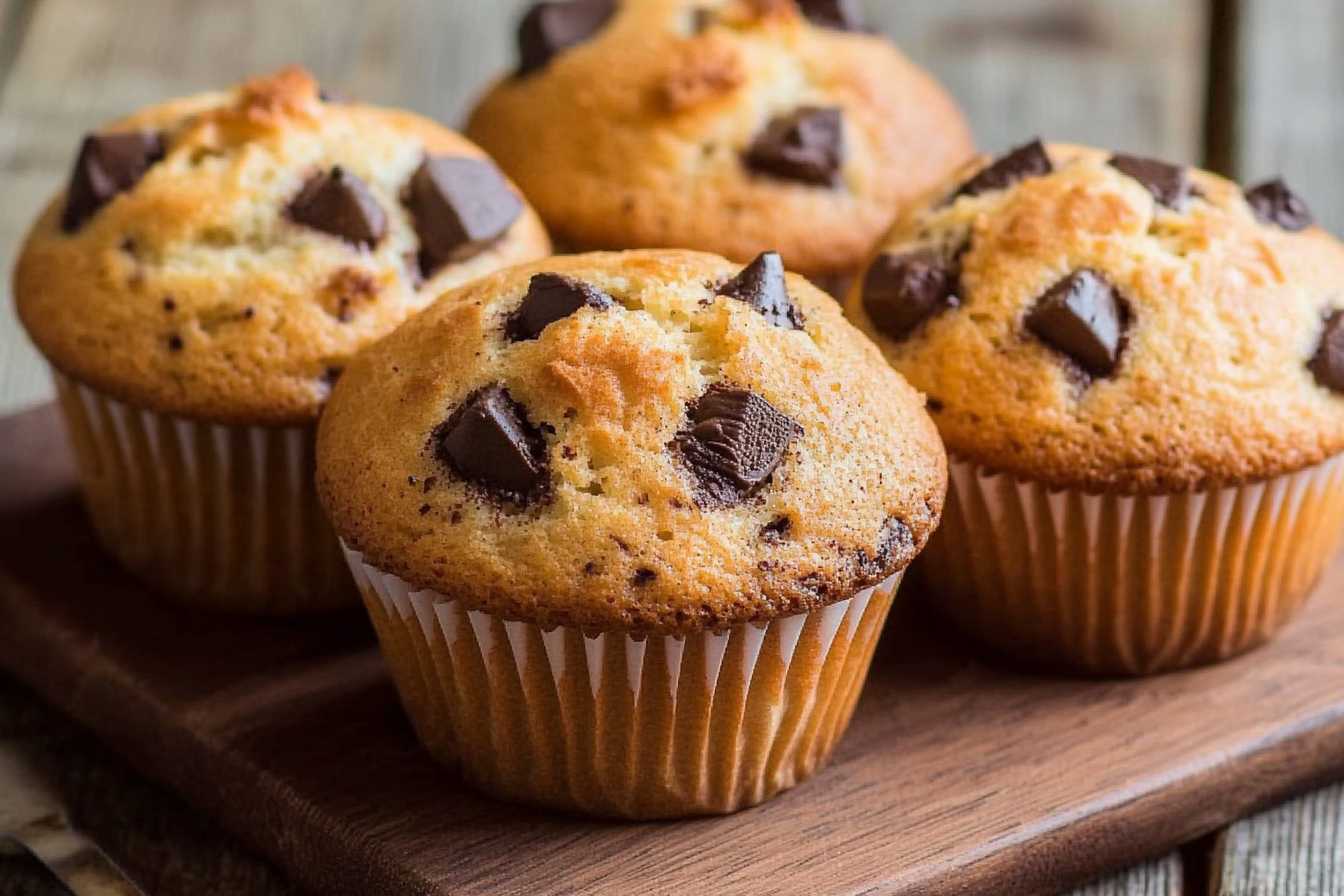 Golden-brown muffins with chocolate chunks on a wooden board. Learn more about muffins in this ultimate Guide to Breakfast Pastries.