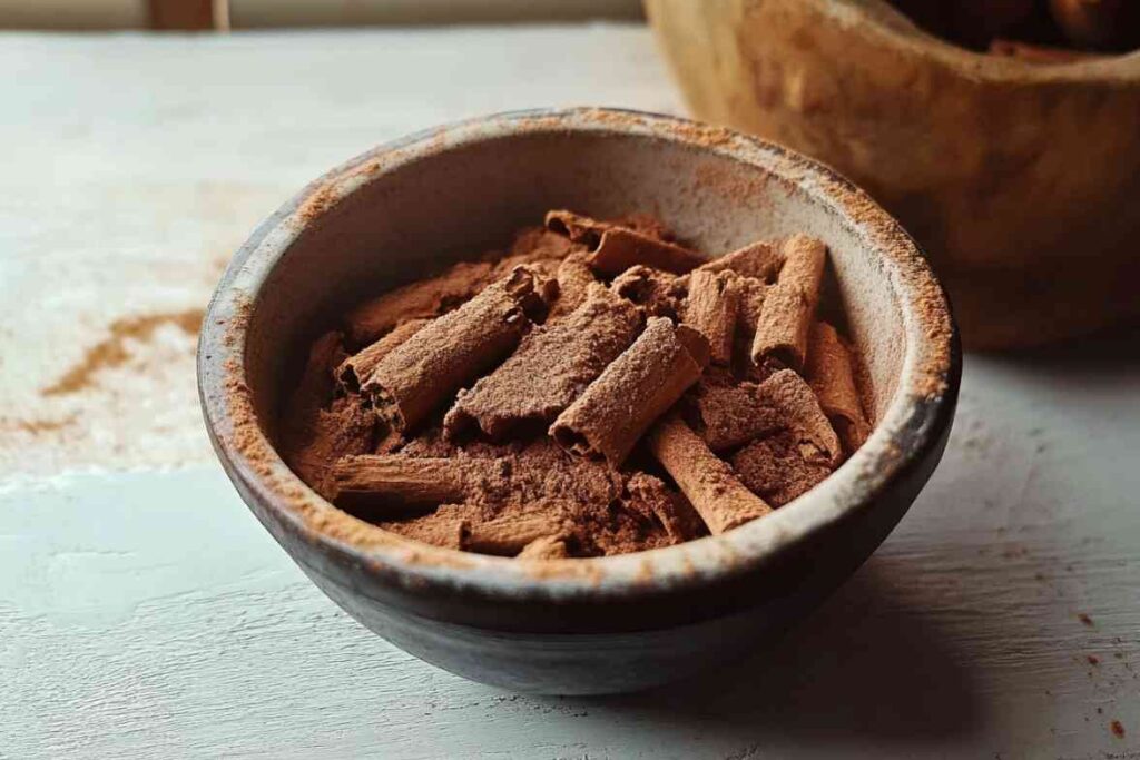 A rustic bowl filled with fragrant Makara cinnamon sticks and powder on a wooden surface.