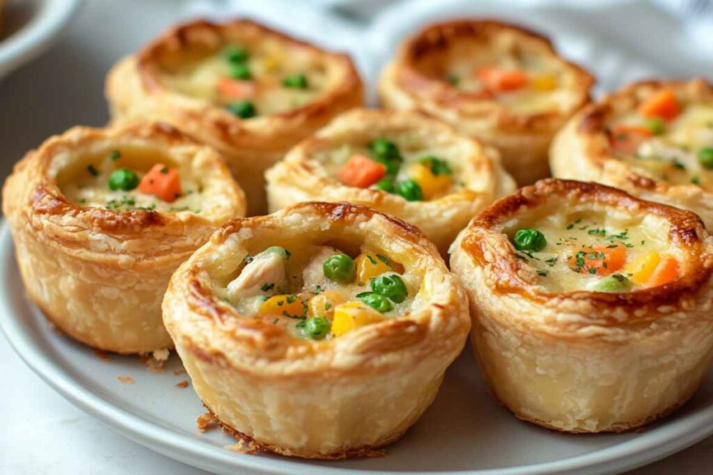 Mini Chicken Pot Pies with a golden, flaky crust, filled with creamy chicken, peas, carrots, and corn, garnished with fresh herbs and served on a plate