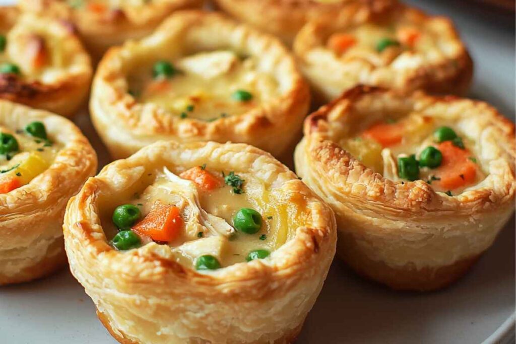 Mini Chicken Pot Pies with a golden, flaky crust, filled with creamy chicken, peas, carrots, and potatoes, served warm and delicious