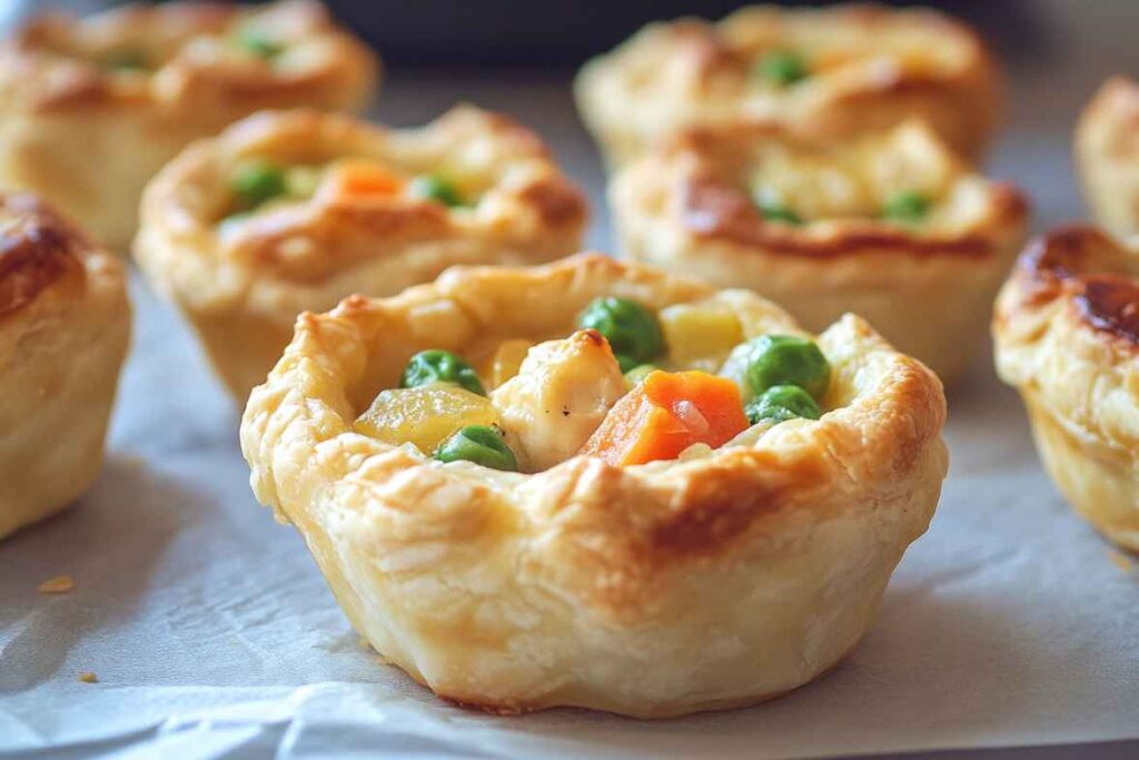 Mini Chicken Pot Pies with a golden, flaky crust filled with creamy chicken and mixed vegetables