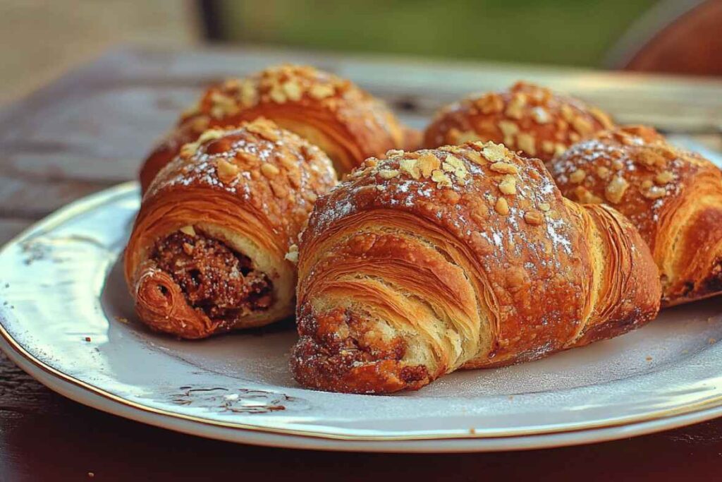 A plate of golden-brown Nussgipfel pastries topped with crushed nuts and powdered sugar.