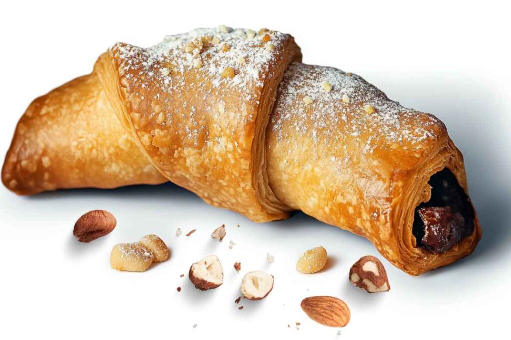 A golden-brown Nussgipfel pastry sprinkled with powdered sugar and surrounded by scattered nuts.