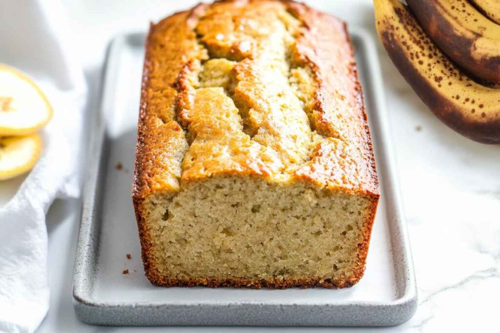 A freshly baked loaf of banana bread on a white serving plate.