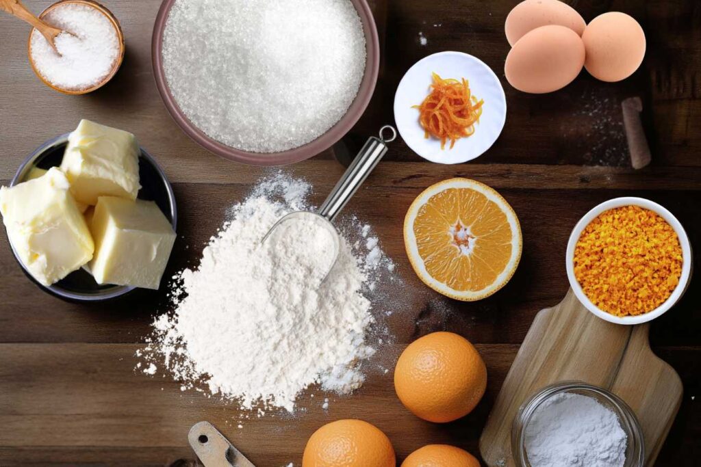 Ingredients for orange fish cookies arranged on a wooden surface.