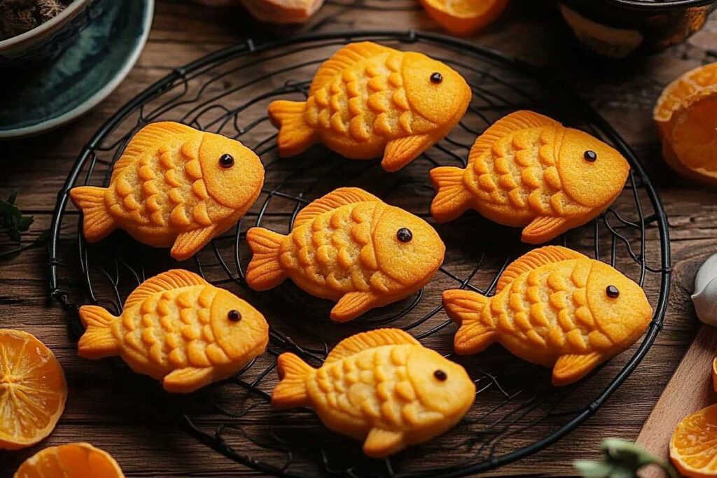 Orange fish-shaped cookies arranged on a cooling rack.