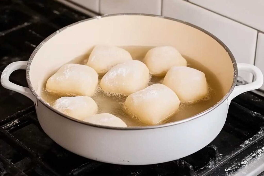 Beignet dough frying in a pot of oil on a stovetop