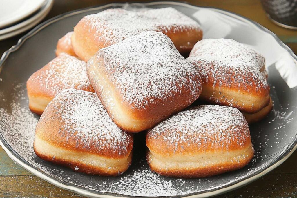 Freshly cooked New Orleans beignets on a plate dusted with powdered sugar