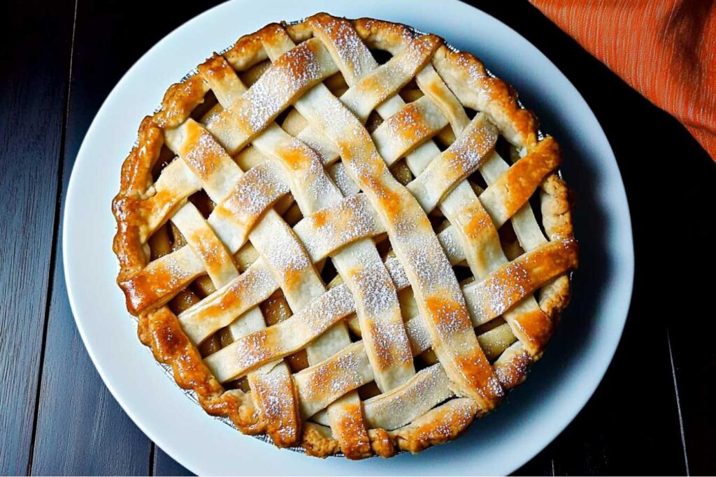 Golden lattice-topped pie dusted with powdered sugar on a white plate