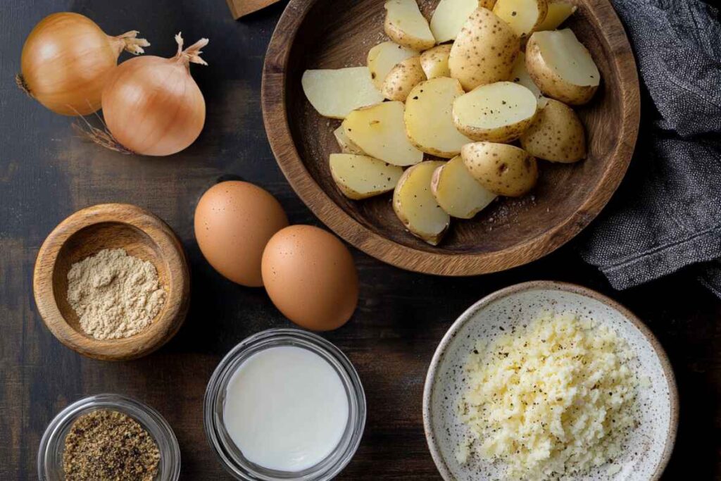 Ingredients for potato kugel, including potatoes, onions, eggs, milk, ground spices, and grated cheese, displayed in wooden and ceramic bowls.