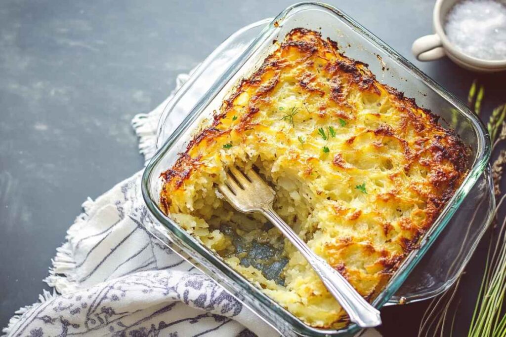 A golden-brown baked potato kugel in a glass baking dish, with a fork placed inside, showcasing its fluffy texture.