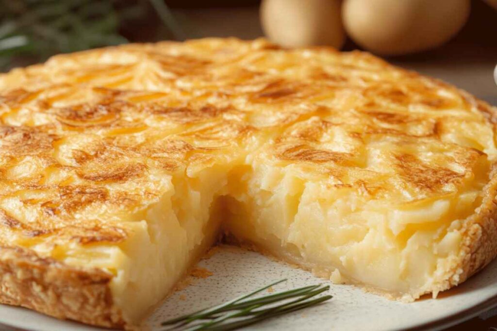 Passover Potato Pie with a golden crust and creamy interior, served on a rustic plate, garnished with a sprig of rosemary.