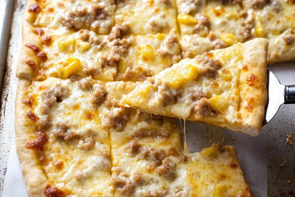 Close-up of a breakfast pizza slice being lifted, topped with sausage, cheese, and eggs, on a crispy crust